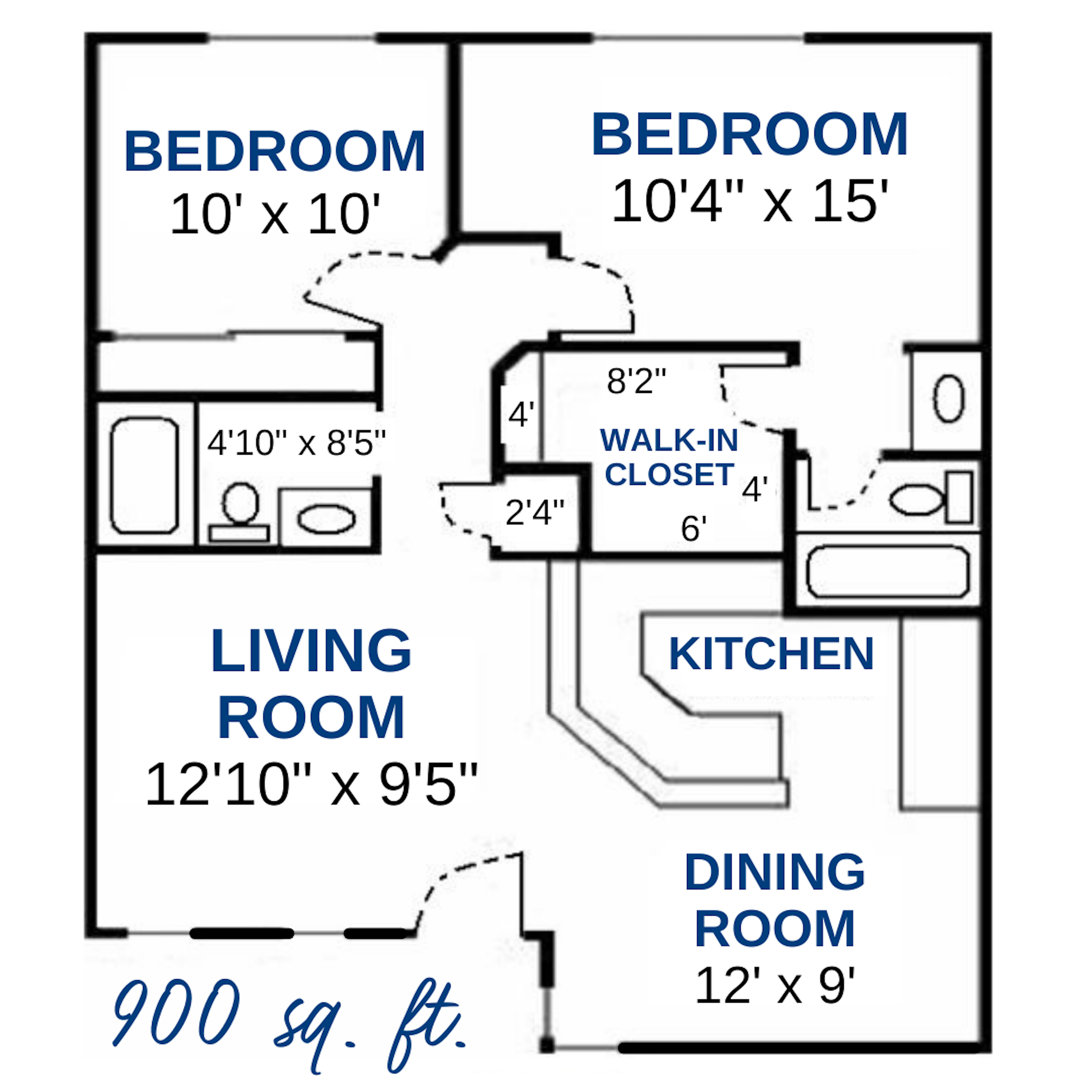 Floor plan for 2 beds, 2 baths, 900 sqft